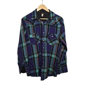 Karman Western Snap Plaid Shirt Purple Teal Long Sleeve